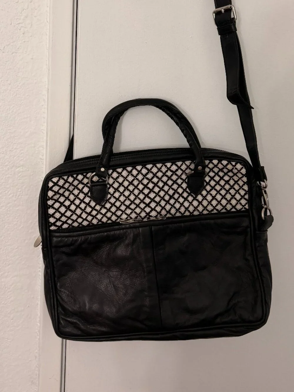 Moroccan Artisan Handmade Leather Briefcase & Inset Handwoven Rug Pattern